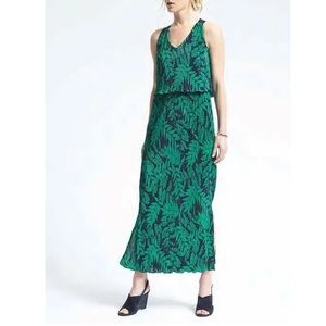 Banana Republic Pleated Tropical Leaves Navy Turquoise Maxi Dress Size S NWT